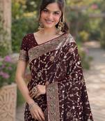Maroon silk blend banarasi saree with unstitched blouse piece