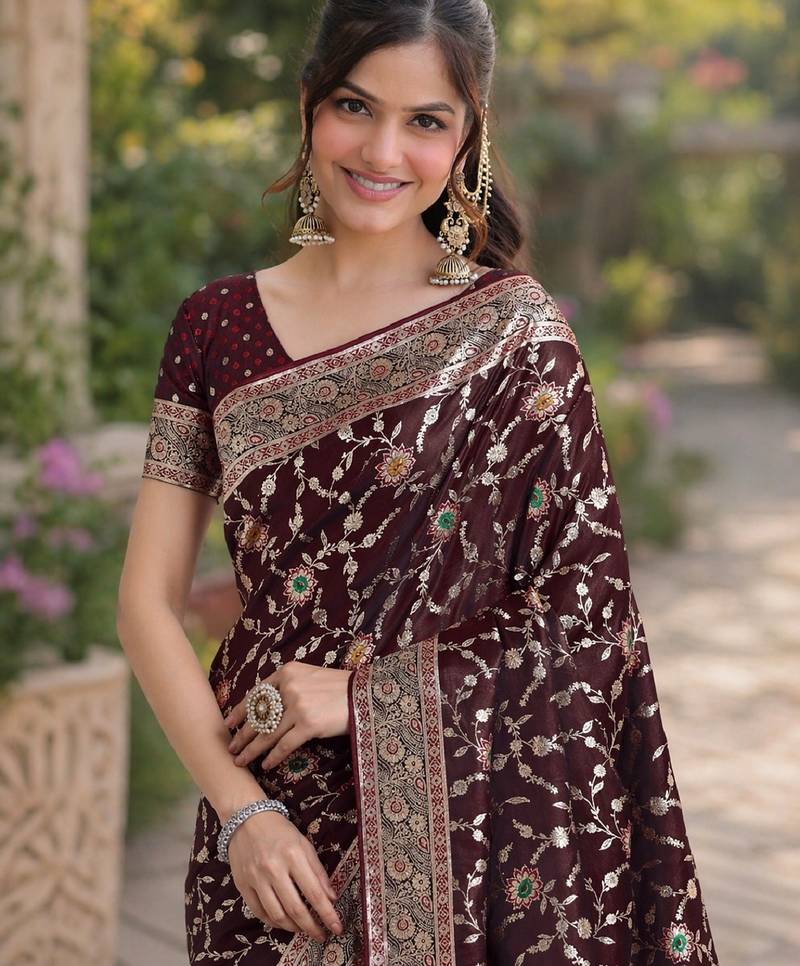 Maroon soft silk banarasi jacuard work designer party wear saree with unstitched blouse piece