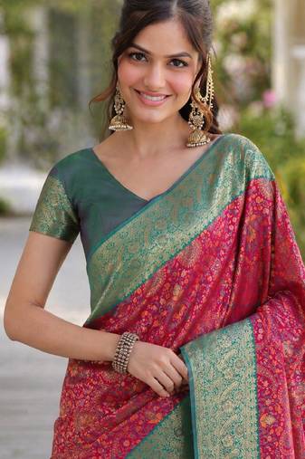 Pink soft silk banarasi jacuard work designer party wear saree with unstitched blouse piece