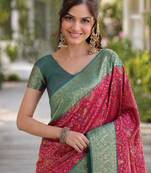 Pink silk blend banarasi saree with unstitched blouse piece