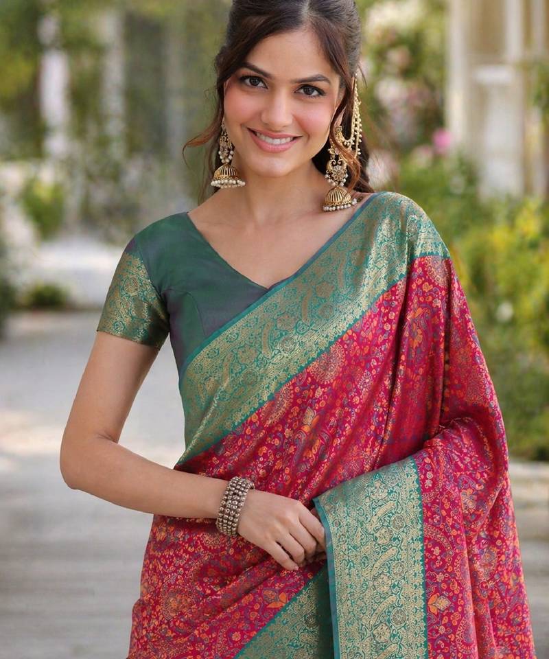 Pink soft silk banarasi jacuard work designer party wear saree with unstitched blouse piece