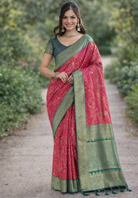 Pink silk blend banarasi saree with unstitched blouse piece 3