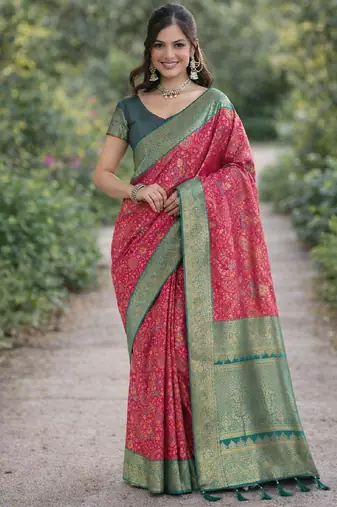 Pink silk blend banarasi saree with unstitched blouse piece