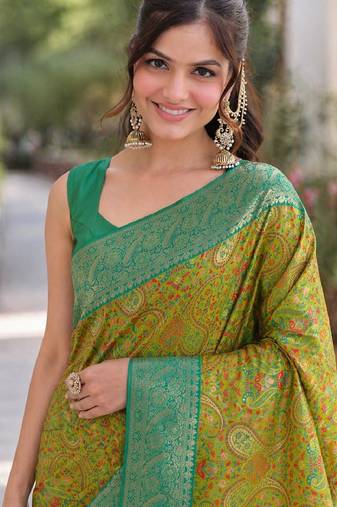 Parrot green soft silk banarasi jacuard work designer party wear saree with unstitched blouse piece