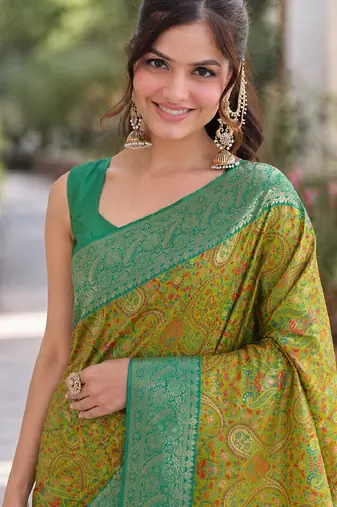 Parrot green soft silk banarasi jacuard work designer party wear saree with unstitched blouse piece