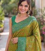 Parrot green silk blend banarasi saree with unstitched blouse piece