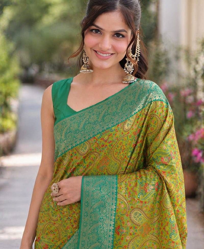 Parrot green soft silk banarasi jacuard work designer party wear saree with unstitched blouse piece