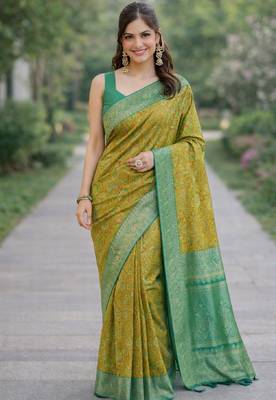 Parrot green silk blend banarasi saree with unstitched blouse piece 3