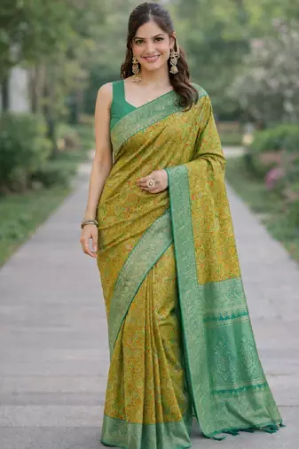 Parrot green silk blend banarasi saree with unstitched blouse piece