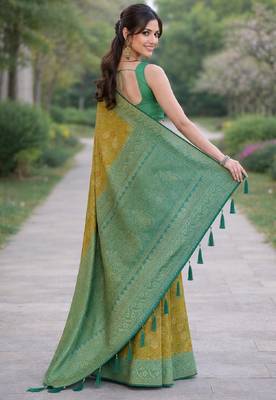 Parrot green silk blend banarasi saree with unstitched blouse piece 4