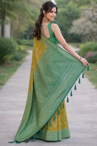Parrot green silk blend banarasi saree with unstitched blouse piece