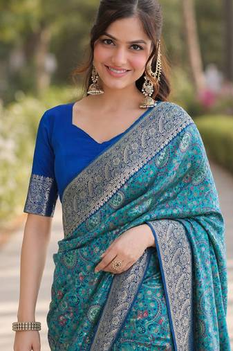 Sky blue soft silk banarasi jacuard work designer party wear saree with unstitched blouse piece