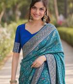Sky blue silk blend banarasi saree with unstitched blouse piece