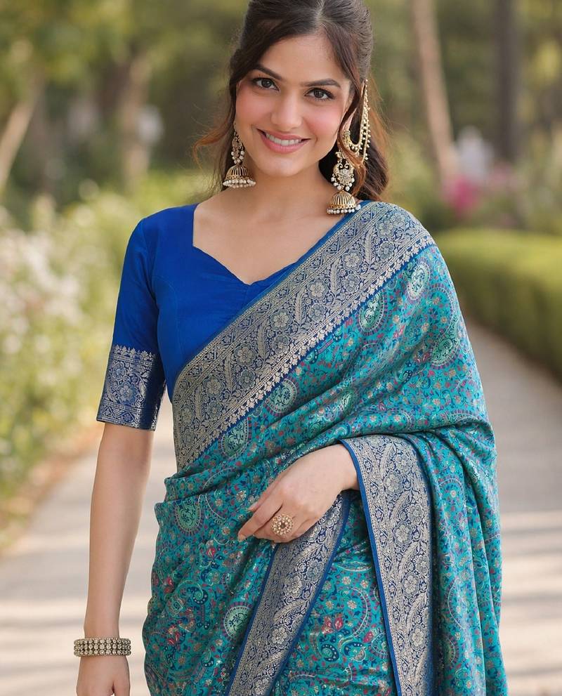 Sky blue soft silk banarasi jacuard work designer party wear saree with unstitched blouse piece