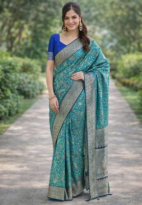 Sky blue silk blend banarasi saree with unstitched blouse piece 3