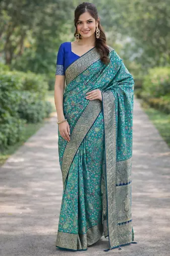 Sky blue silk blend banarasi saree with unstitched blouse piece
