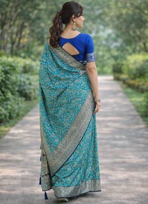 Sky blue silk blend banarasi saree with unstitched blouse piece 4