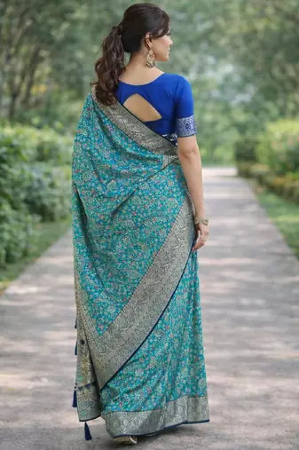 Sky blue silk blend banarasi saree with unstitched blouse piece