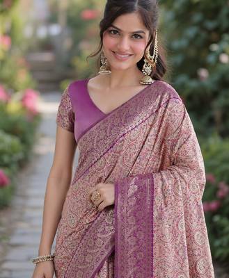 Purple silk blend banarasi saree with unstitched blouse piece 1