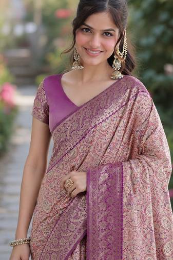 Purple soft silk banarasi jacuard work designer party wear saree with unstitched blouse piece