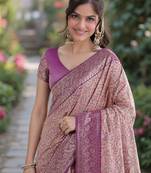 Purple silk blend banarasi saree with unstitched blouse piece