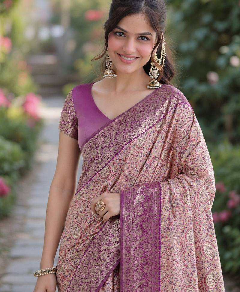 Purple soft silk banarasi jacuard work designer party wear saree with unstitched blouse piece