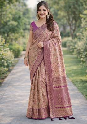 Purple silk blend banarasi saree with unstitched blouse piece 3