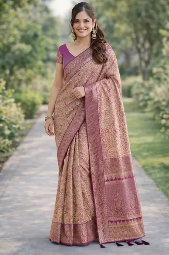 Purple silk blend banarasi saree with unstitched blouse piece