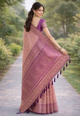 Purple silk blend banarasi saree with unstitched blouse piece 4