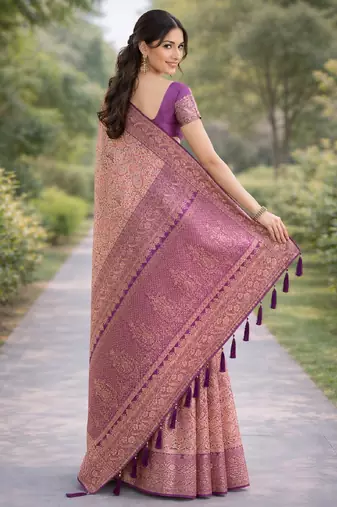 Purple silk blend banarasi saree with unstitched blouse piece