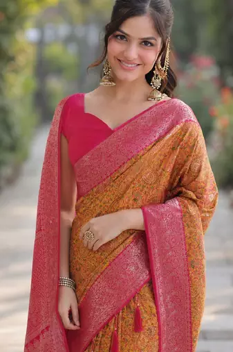 Yellow pink soft silk banarasi jacuard work designer party wear saree with unstitched blouse piece