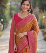 Yellow pink silk blend banarasi saree with unstitched blouse piece