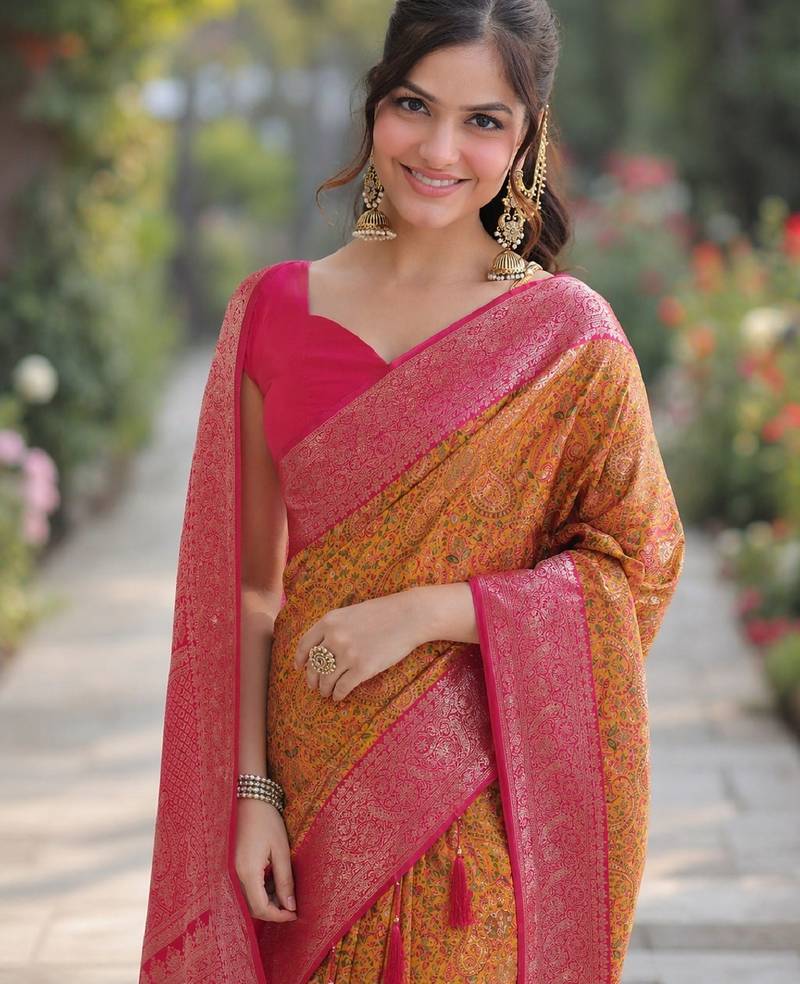 Yellow pink soft silk banarasi jacuard work designer party wear saree with unstitched blouse piece