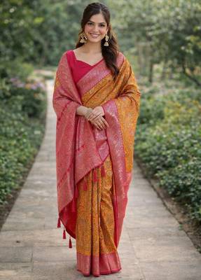 Yellow pink silk blend banarasi saree with unstitched blouse piece 3