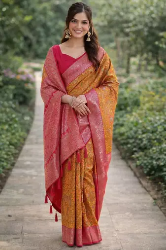 Yellow pink silk blend banarasi saree with unstitched blouse piece