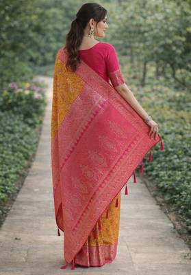 Yellow pink silk blend banarasi saree with unstitched blouse piece 4