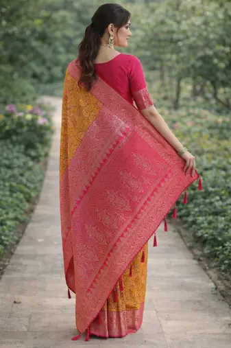 Yellow pink silk blend banarasi saree with unstitched blouse piece