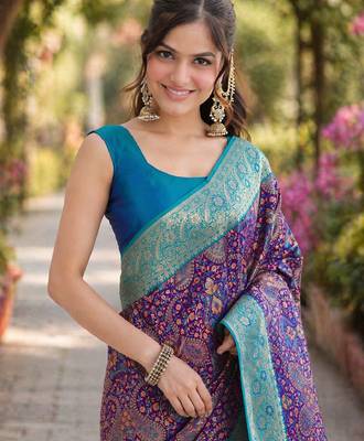 Wine silk blend banarasi saree with unstitched blouse piece 1