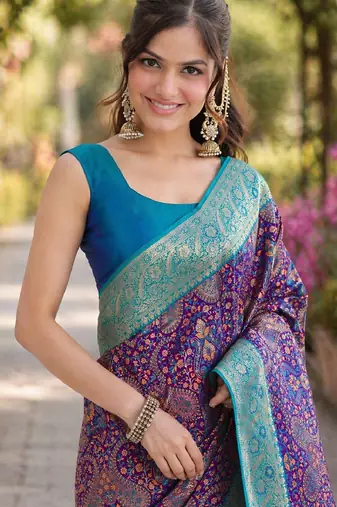 Wine silk blend banarasi saree with unstitched blouse piece