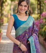 Wine silk blend banarasi saree with unstitched blouse piece