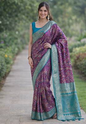 Wine silk blend banarasi saree with unstitched blouse piece 3