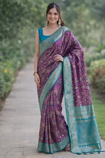 Wine silk blend banarasi saree with unstitched blouse piece