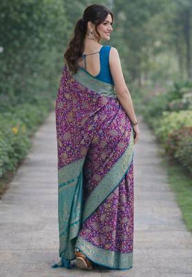 Wine silk blend banarasi saree with unstitched blouse piece 4