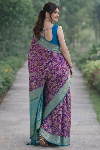 Wine silk blend banarasi saree with unstitched blouse piece