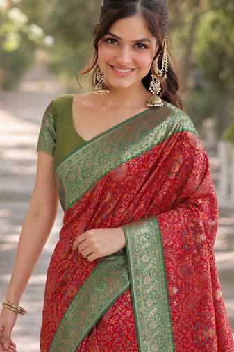 Red soft silk banarasi jacuard work designer party wear saree with unstitched blouse piece