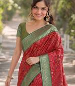 Red silk blend banarasi saree with unstitched blouse piece