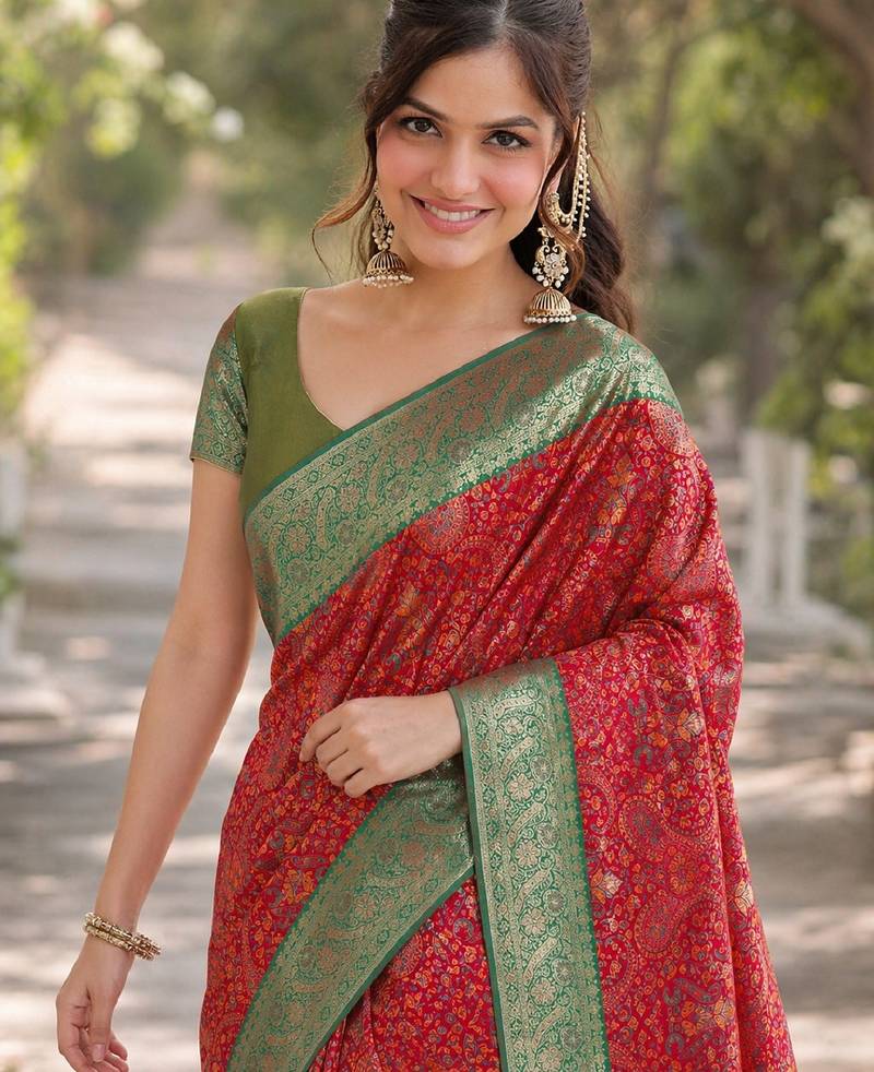 Red soft silk banarasi jacuard work designer party wear saree with unstitched blouse piece