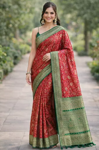 Red silk blend banarasi saree with unstitched blouse piece