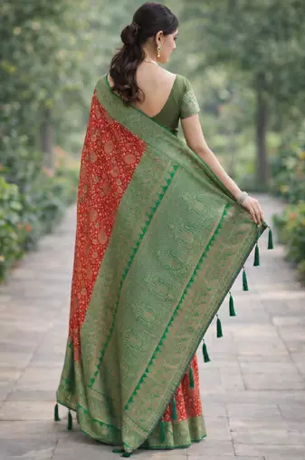 Red silk blend banarasi saree with unstitched blouse piece