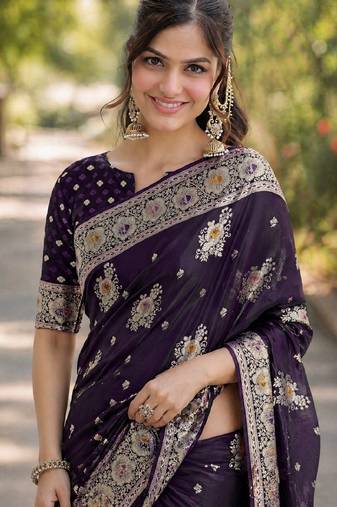 Plum soft silk banarasi jacuard work designer party wear saree with unstitched blouse piece